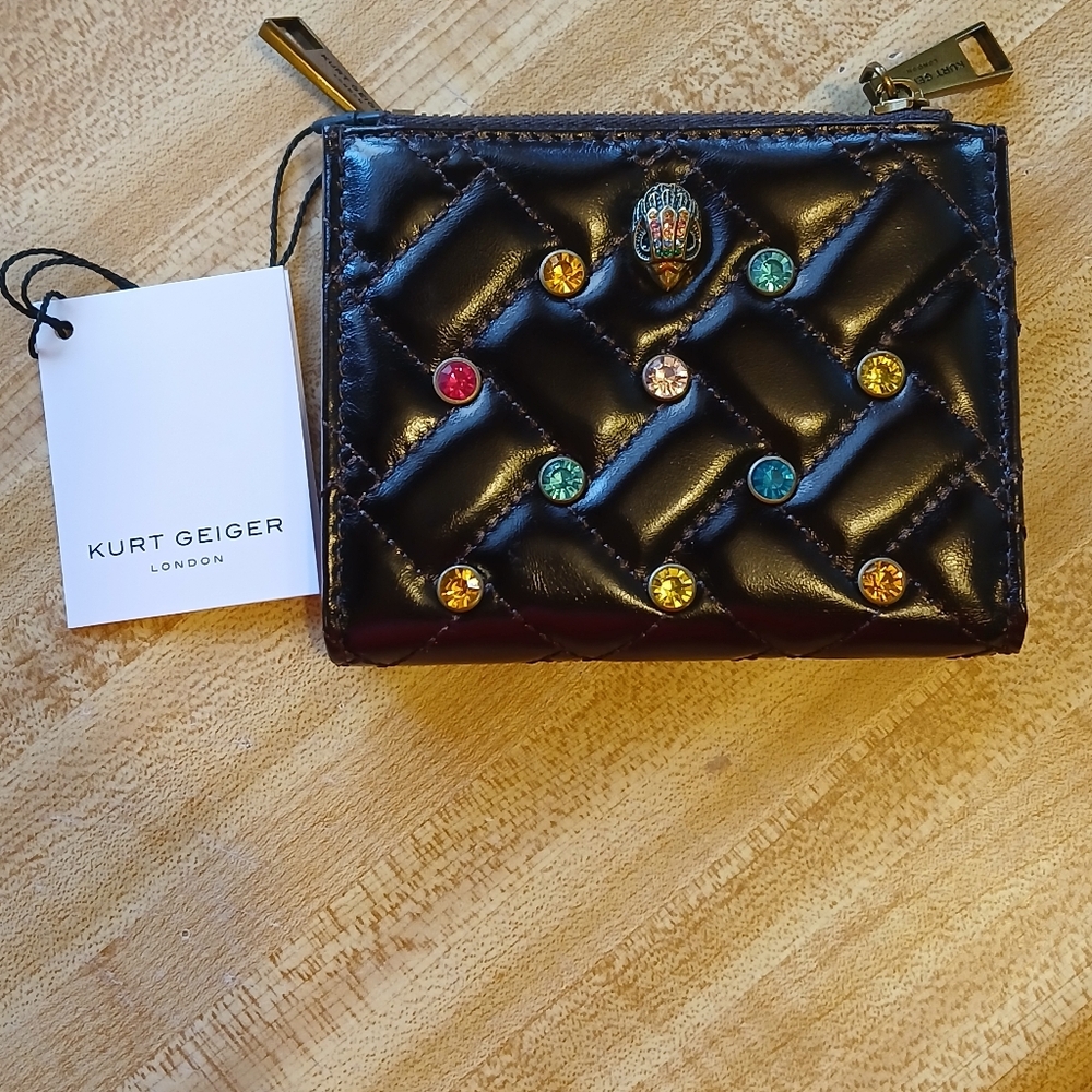 Kurt Geiger NWT Black Quilted Rhinestone Snap Wallet With Box - Picture 4 of 8